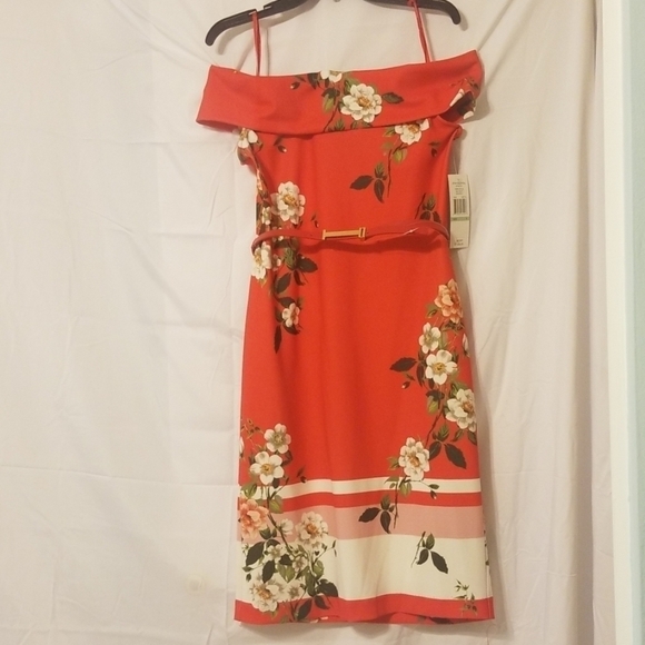 𝅺Sharagano Red Multi Off The Shoulder Dress - Picture 3 of 8